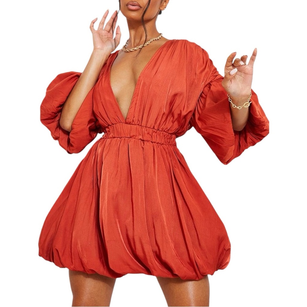 NWT PRETTYLITTLETHING Rust Puff Sleeve Puffball Hem Shift Dress. Size 0‎